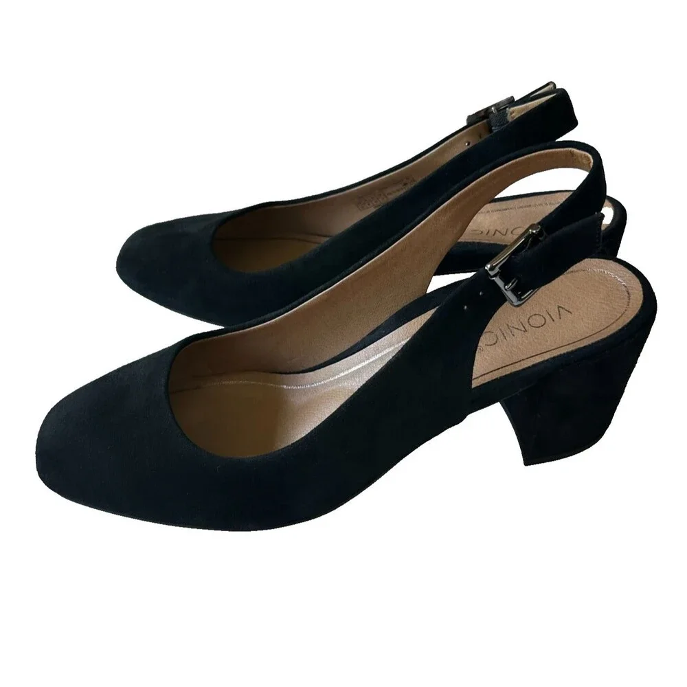 Vionic Nareen Plaza Black Suede Slingback Block Heel Comfort Shoes Size 10